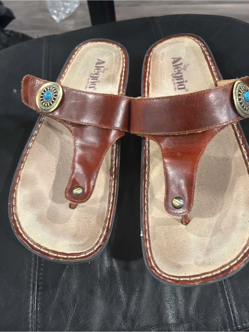 Alegria Brown Leather Sandals with Turquoise Medallion